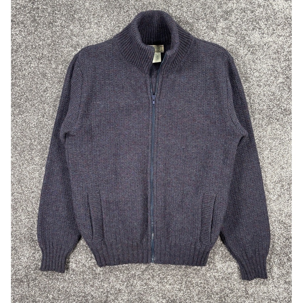 Vintage 80s LL Bean Sweater Men's Medium Blue Purple 100% Wool Full Zip Cardigan